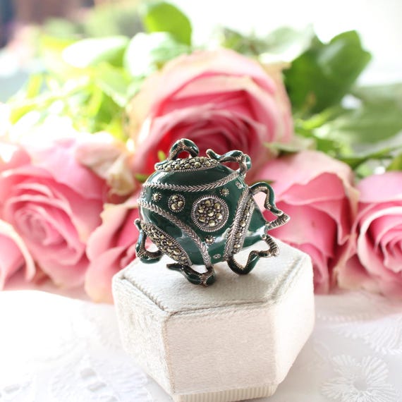 Exceptional Solid Silver Green Enamel Marcasite S… - image 2