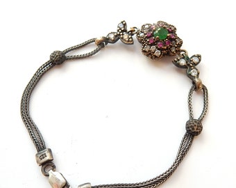 Vintage Sterling Silver Green Chalcedony Double Strand Link Bracelet