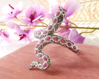 Sterling Silver Ruby Marcasite Snake Serpent Bracelet Cuff July Birthstone