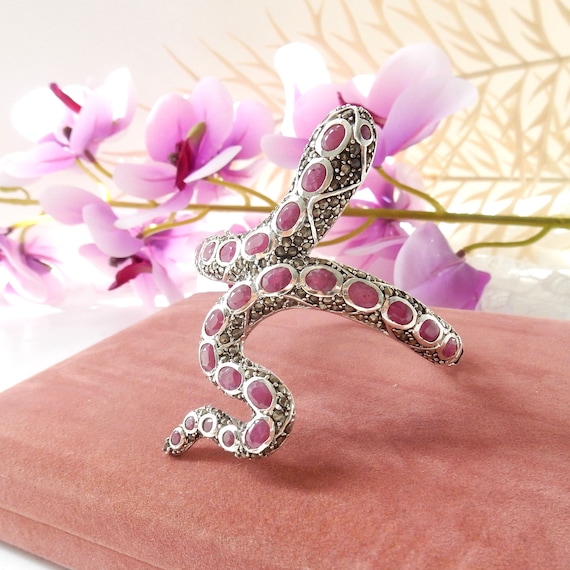 Sterling Silver Ruby Marcasite Snake Serpent Brac… - image 1