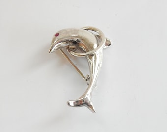 Vintage Ruby Solid Silver Dolphin & Hoop Brooch