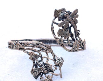 Solid Silver Art Nouveau style Vine Leaf Dragonfly Cuff Bracelet