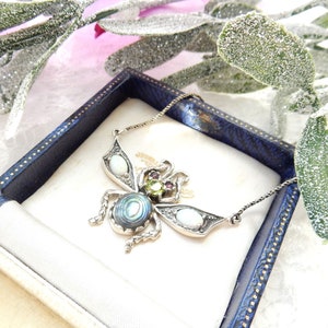 Opal Peridot Abalone Shell Wasp Insect Necklace Sterling Argent