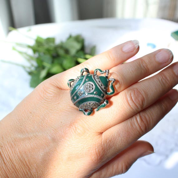 Exceptional Solid Silver Green Enamel Marcasite S… - image 9