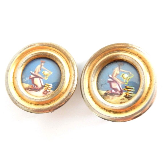 Vintage French Hand Painted Brass Clip on Earring… - image 1