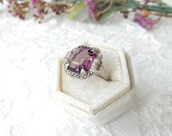Art Deco Sterling Silver Marcasite Purple Glass Ring US 5.5