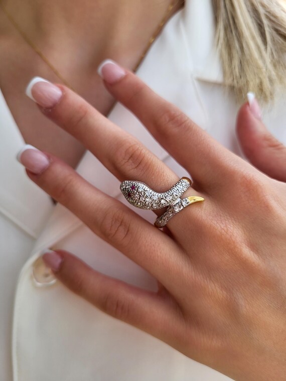 Solid Silver CZ Ruby Snake Ring - image 8