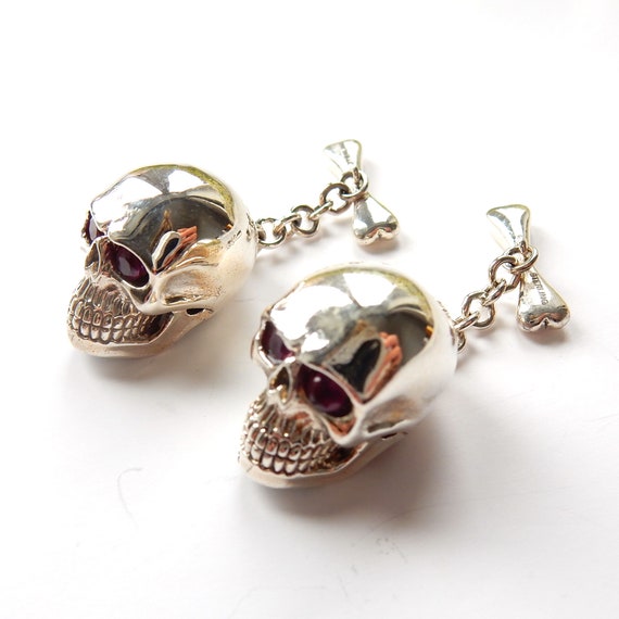 Sterling Silver Ruby Skull Bone Cufflinks Mens Je… - image 3