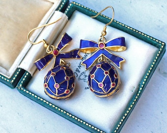 Silver Gilt Blue Enamel & Ruby Egg Earrings