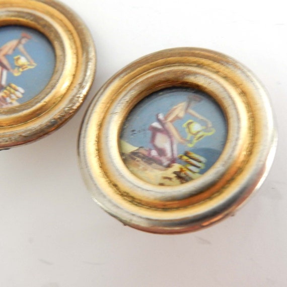 Vintage French Hand Painted Brass Clip on Earring… - image 3