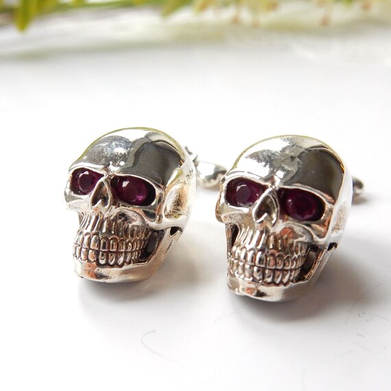 Sterling Silver Ruby Skull Bone Cufflinks Mens Je… - image 4