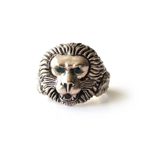 Solid Silver Lion Emerald Ruby Signet Ring - image 3