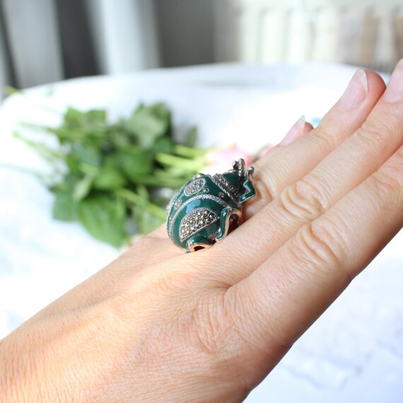 Exceptional Solid Silver Green Enamel Marcasite S… - image 10