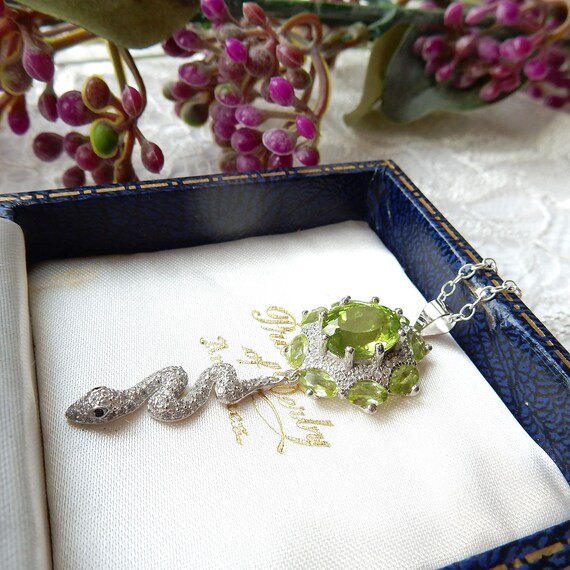 Sterling Silver Peridot CZ Snake Pendant Necklace
