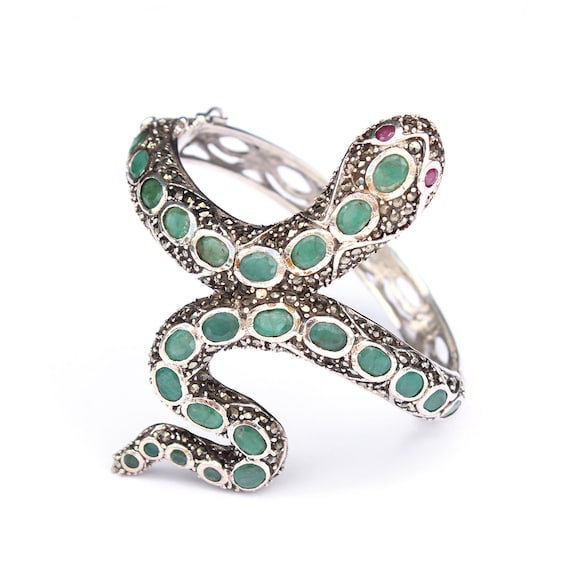 Sterling Silver Emerald Ruby Marcasite Snake Cuff… - image 1