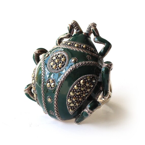 Exceptional Solid Silver Green Enamel Marcasite S… - image 7