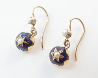 Antique 14ct Gold Enamel Seed Pearl Drop Earrings