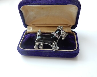 Enamel Ruby Marcasite Scottie Dog Terrier Dog Brooch Sterling Silver Fine Jewelry