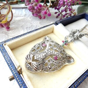 Sterling Silver Ruby Emerald Sapphire Marcasite Filigree Leopard Cat Pendant image 2