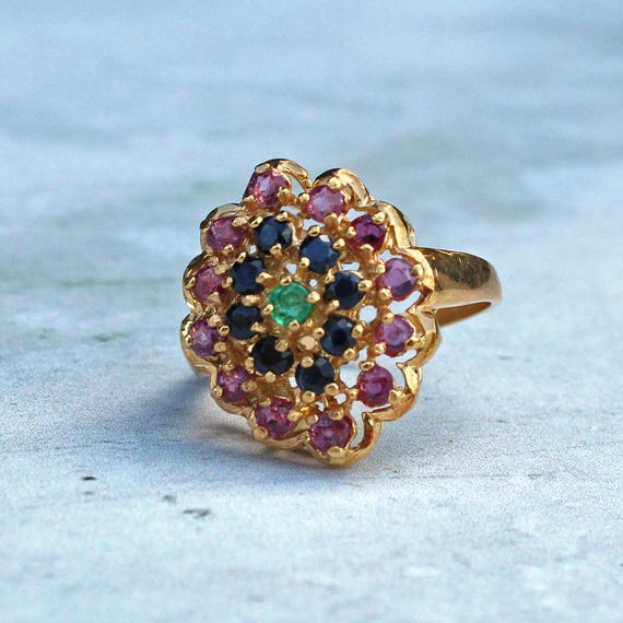 Chunky Solid Silver Ruby, Sapphire & Emerald Clus… - image 6