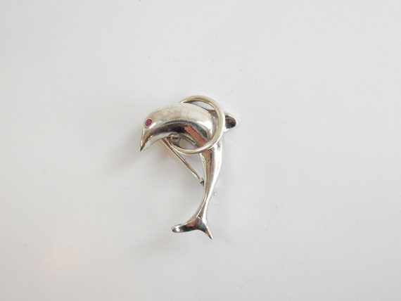Vintage Ruby Solid Silver Dolphin & Hoop Brooch - image 2