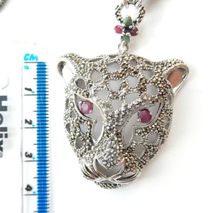 Sterling Silver Ruby Emerald Sapphire Marcasite Filigree Leopard Cat Pendant image 6