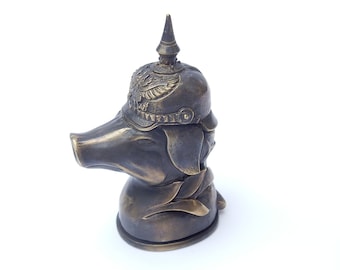 Brass Military Pig wearing Helmet Vesta Snuff Box Match Striker