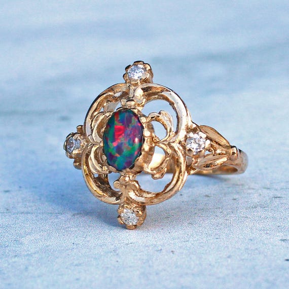 9カラットゴールドブラックオパール＆ダイヤモンドリング - Etsy 日本