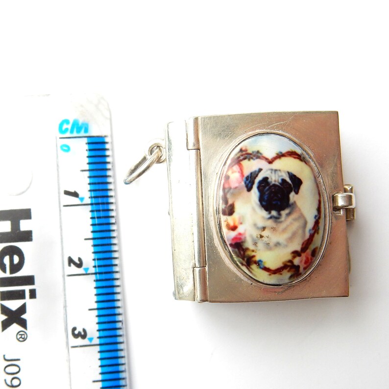 Vintage Solid Silver Enamel Pug Dog Locket Pendant Photo Album Book