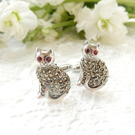 Sterling Silver Ruby Cat Cufflinks July Birthstone - image 2