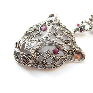 Sterling Silver Ruby Emerald Sapphire Marcasite Filigree Leopard Cat Pendant image 5