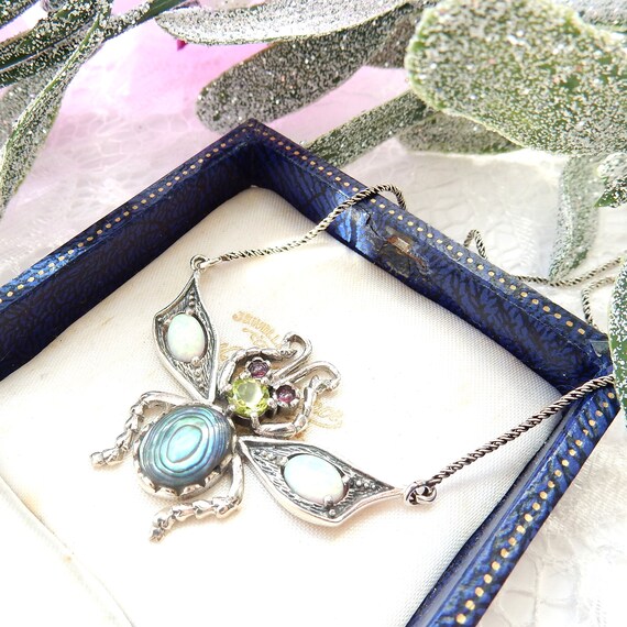 Opal Peridot Abalone Shell Wasp Insect Necklace S… - image 2
