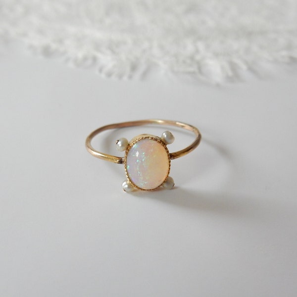 Edwardian 9 Carat Gold Opal Seed Pearl Ring Conversion Ring Dainty Jewelery