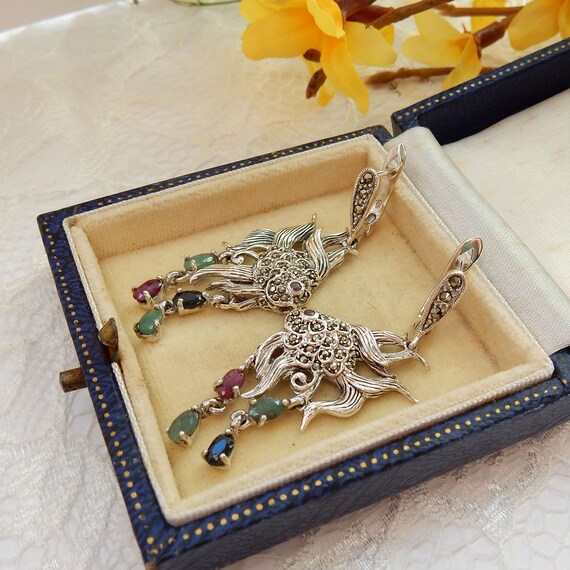 Sterling Silver Emerald Ruby Sapphire Fish Earrin… - image 2