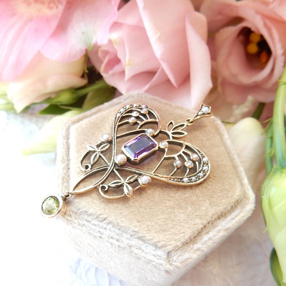 Art Nouveau Style 9ct Gold Peridot Amethyst & See… - image 1