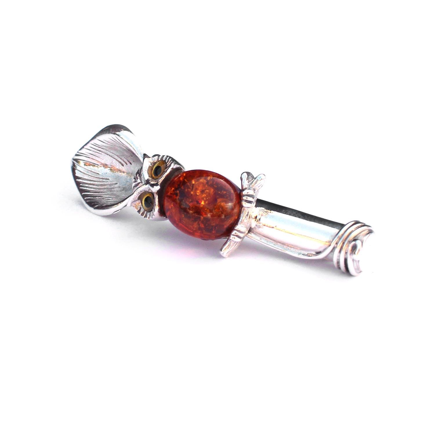 Sterling Silver Amber Owl Boutonni&egrave;re Lapel Pin Posy Holder