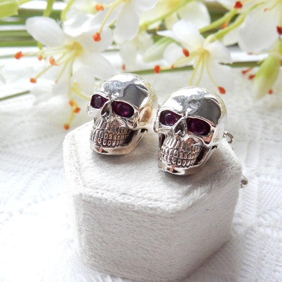 Sterling Silver Ruby Skull Bone Cufflinks Mens Je… - image 2