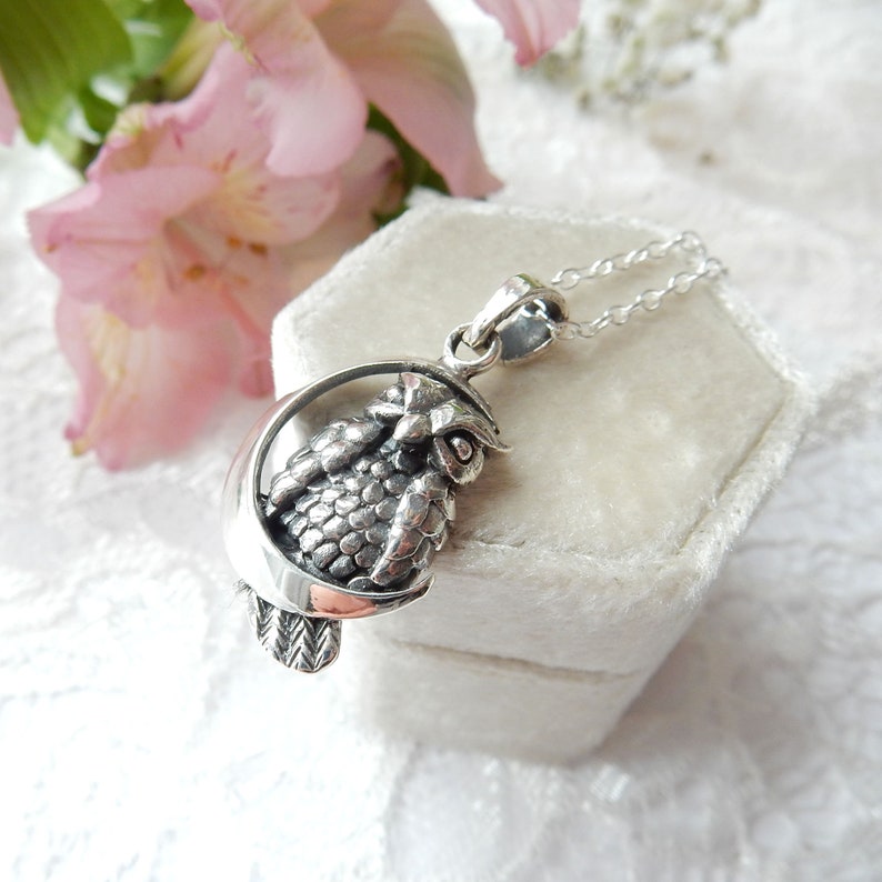 Sterling Silver Owl on Moon Crescent Pendant Necklace Etsy UK