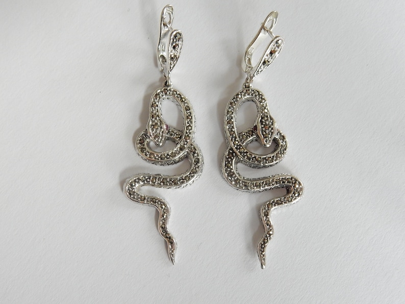 Sterling Silver Twisted Serpent Snake Marcasite Earrings