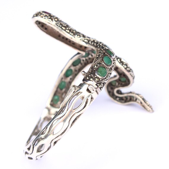 Sterling Silver Emerald Ruby Marcasite Snake Cuff… - image 4