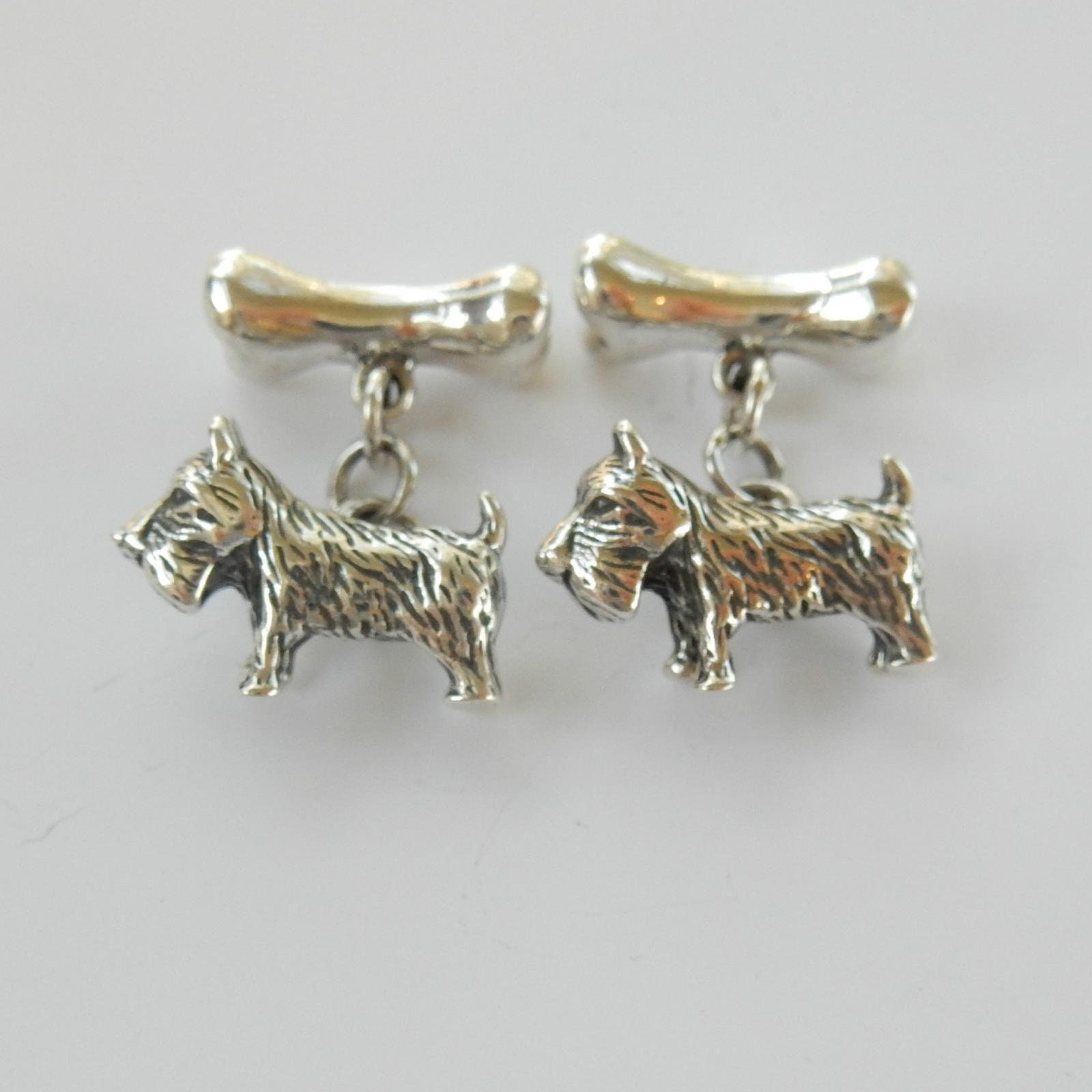 Paire De Boutons De Manchette Vintage Argenté Décor Chien Terrier - Occasion Très Bon état