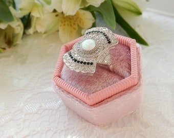 Art Deco Opal Cubic Zirconia Sterling Silver Statement Ring