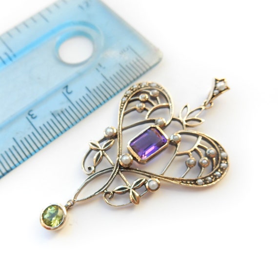 Art Nouveau Style 9ct Gold Peridot Amethyst & See… - image 3