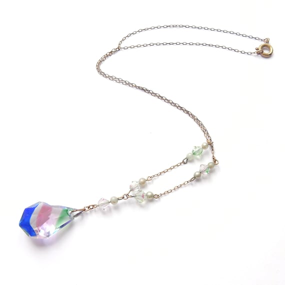 Antique Art Deco Iris Rainbow Glass Lavalier Bead… - image 1