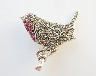 Sterling Silver Ruby Marcasite Christmas Robin Pendant Brooch