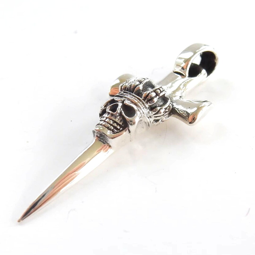 Solid Silver Skull Crown Dagger Pendant - Etsy