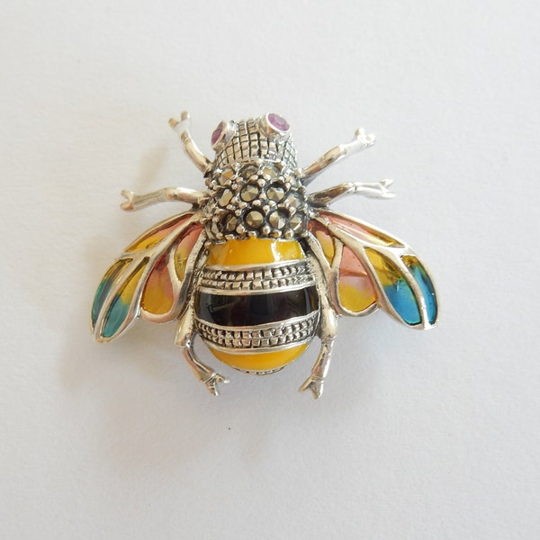 Ruby Bee Wasp Bug Pendant Enamel Marcasite Sterling Silver Fine Jewelry Juillet Birthstone