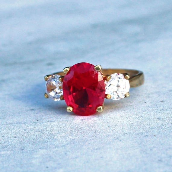 Sterling Silver Ruby Paste Trilogy Ring - image 1