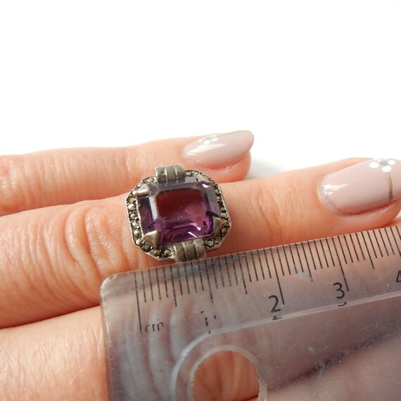 Bague Ancienne Style Art Déco En Argent 925 Avec Marcassites Et Améthyste - Taille 57, Occasion
