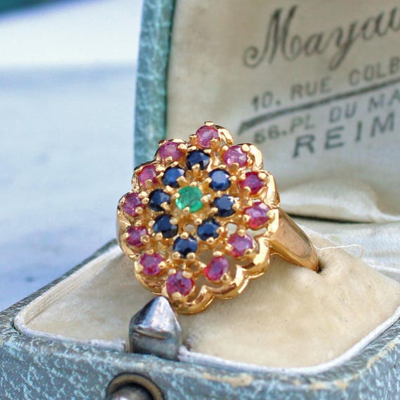 Chunky Solid Silver Ruby, Sapphire & Emerald Clus… - image 1